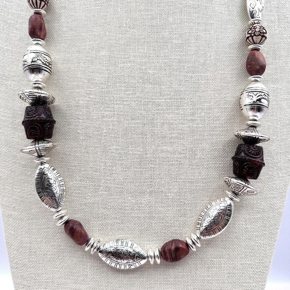 Vintage 80s Beaded Necklace Silver Tone Statement Boho Women's Classic Jewelry